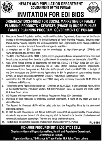 Health & Population Department Lahore Tender Notice